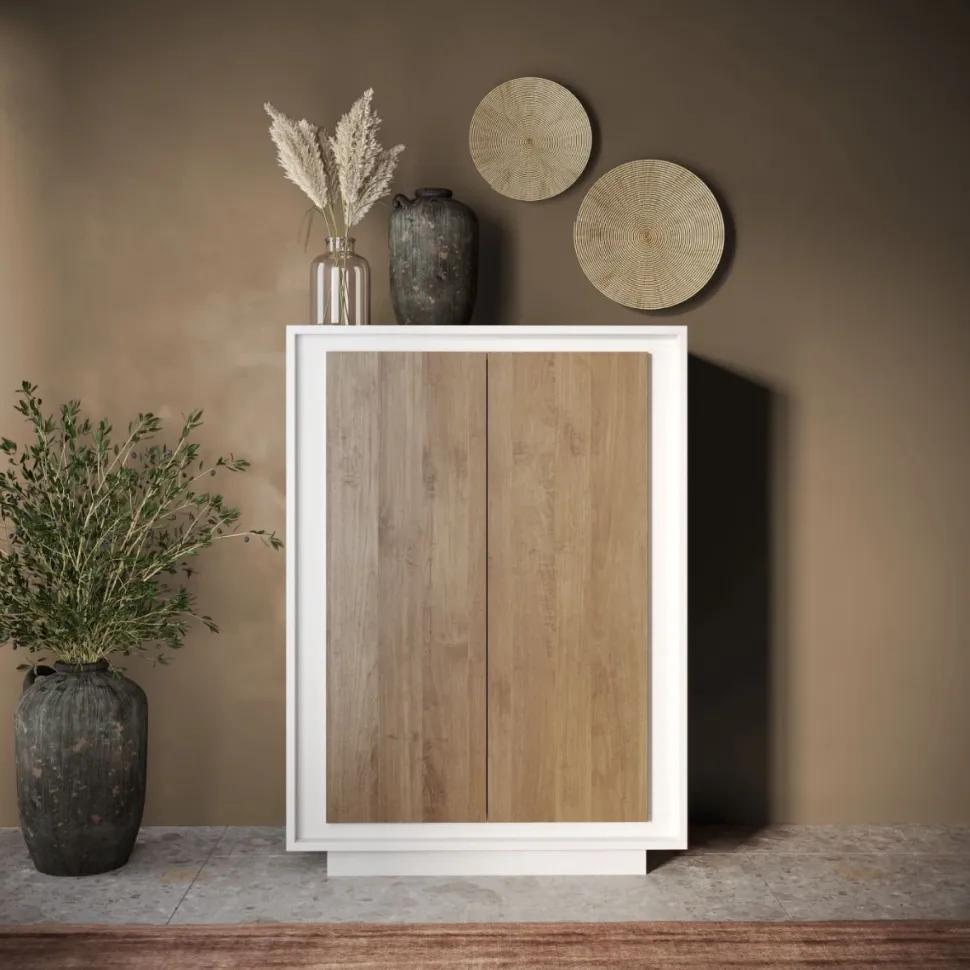 Credenza 2 ante battenti linea Pear in finitura Bianco opaco e Rovere Mercure