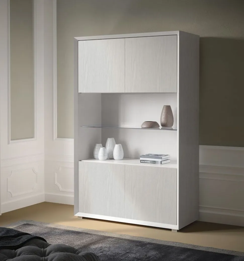 Credenza 4 ante bianco frassino nuvola con ripiano in Vetro linea Tilt