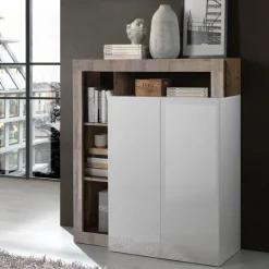 Credenza 2 ante linea Frame in Bianco Lucido e Pero