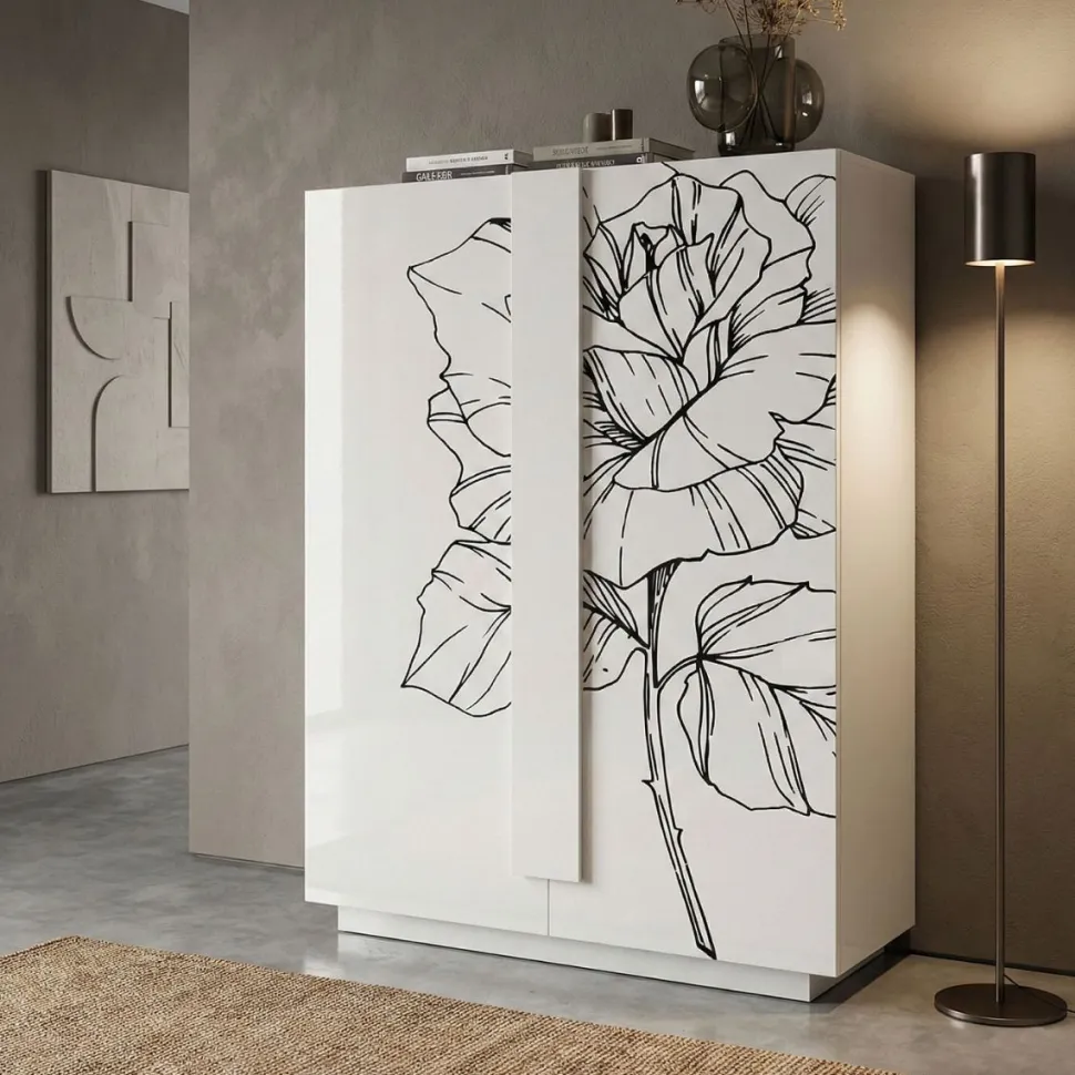 Credenza 2 ante linea Sax in finitura Bianco Lucido con serigrafia