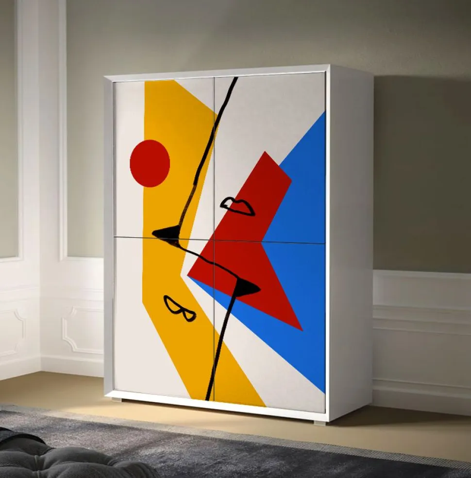 Credenza 4 ante linea Tilt in finitura Bianco opaco con grafica