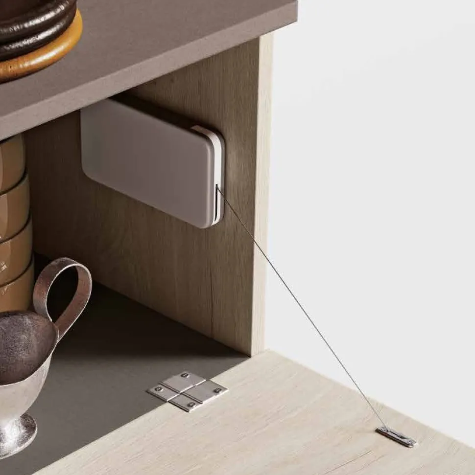 Credenza moderna 1 anta ribalta e 2 cassetti finitura Quercia con sopralzo con apertura push pull disponibile in vari colori