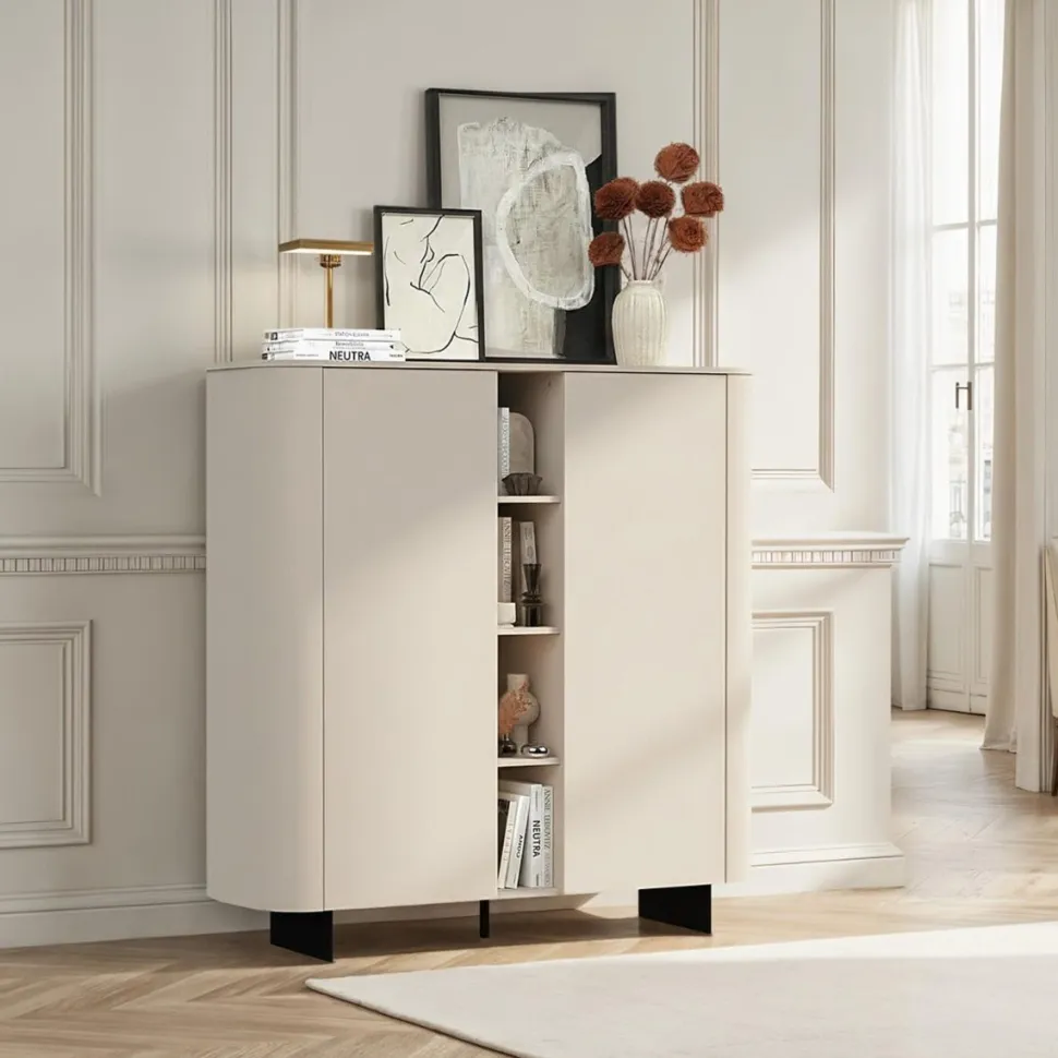 Credenza moderna 2 ante con vano a giorno centrale senza maniglia con piede a lama in metallo