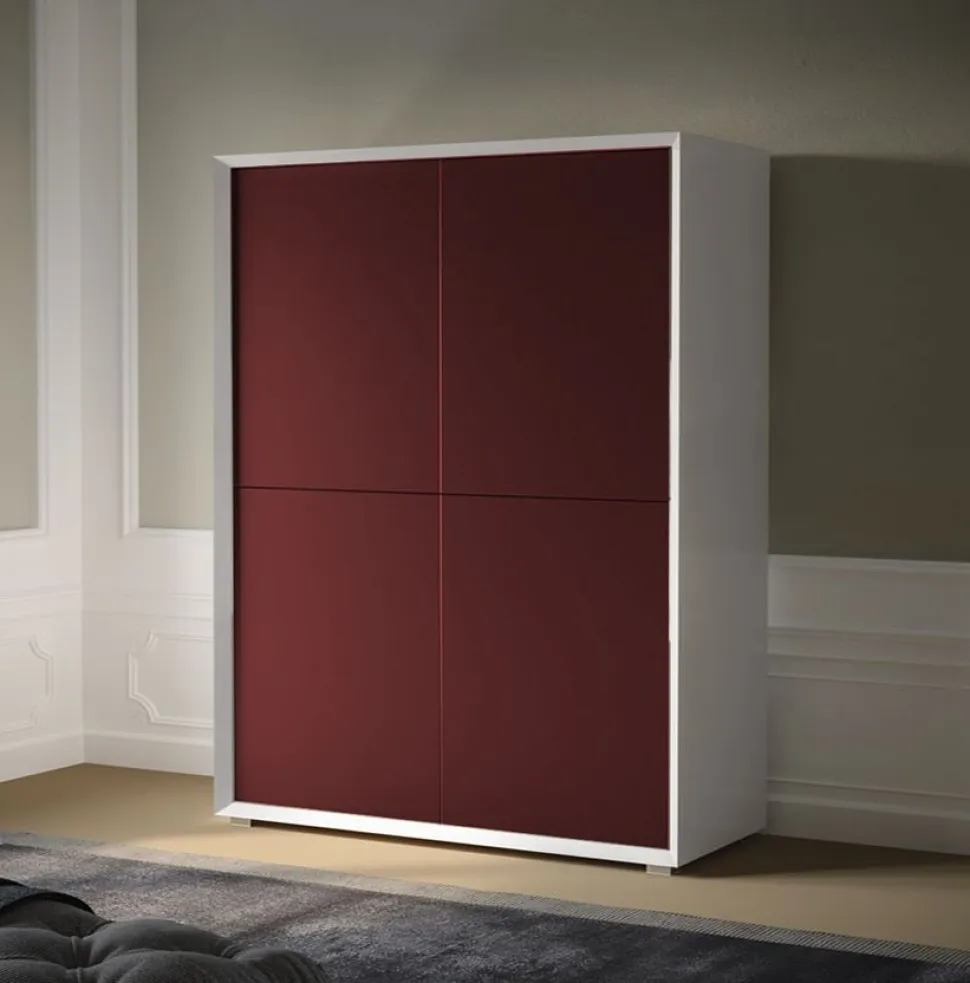 Credenza moderna in Bianco opaco e Rosso Porpora 4 ante senza maniglia linea Tilt