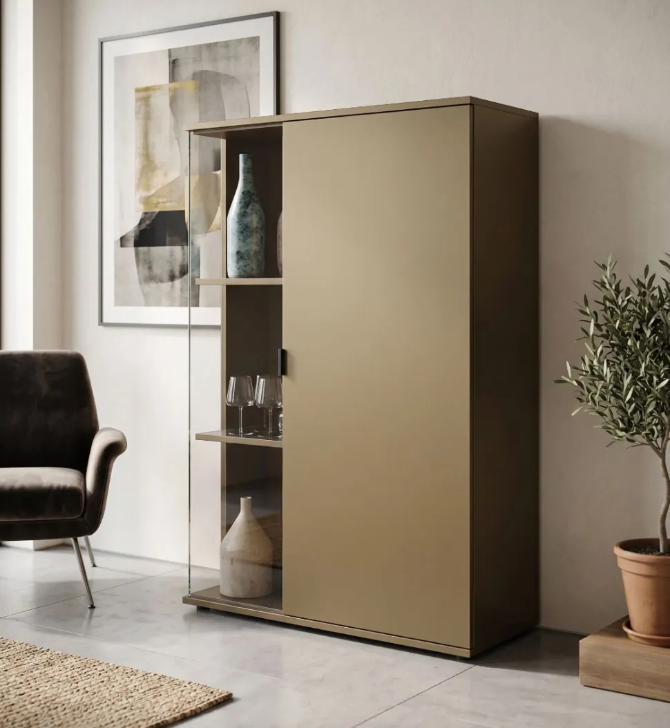 Credenza moderna Noce biondo 1 anta con inserto in vetro fumè disponibile in vari colori