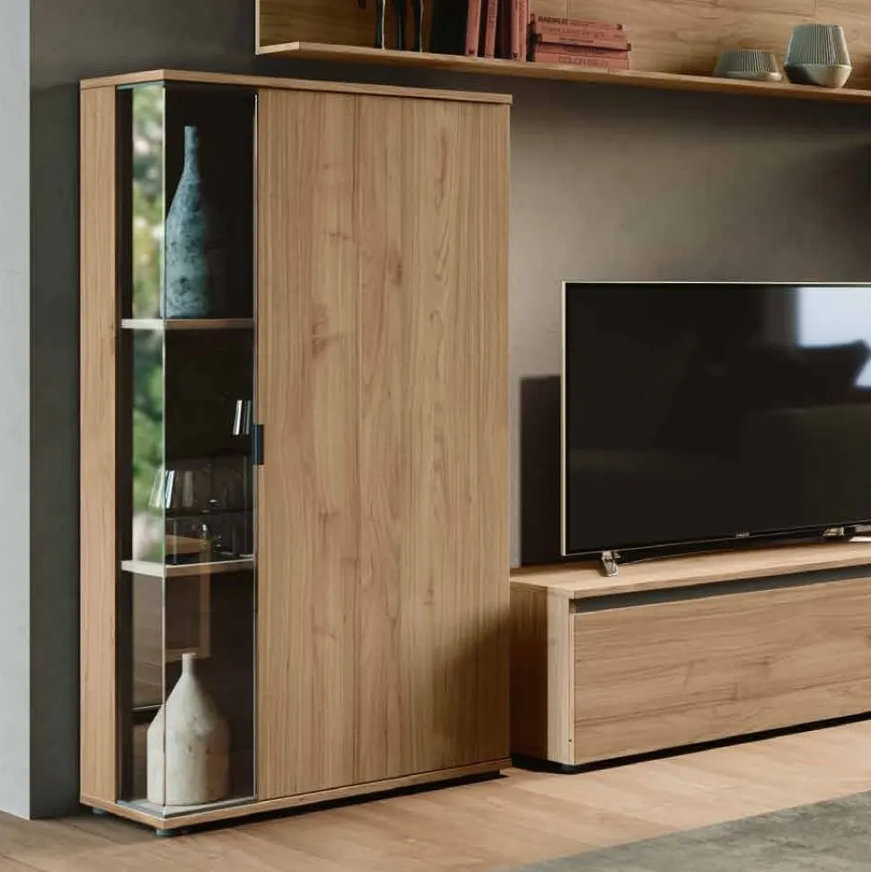 Credenza moderna Noce biondo 1 anta con inserto in vetro fumè disponibile in vari colori