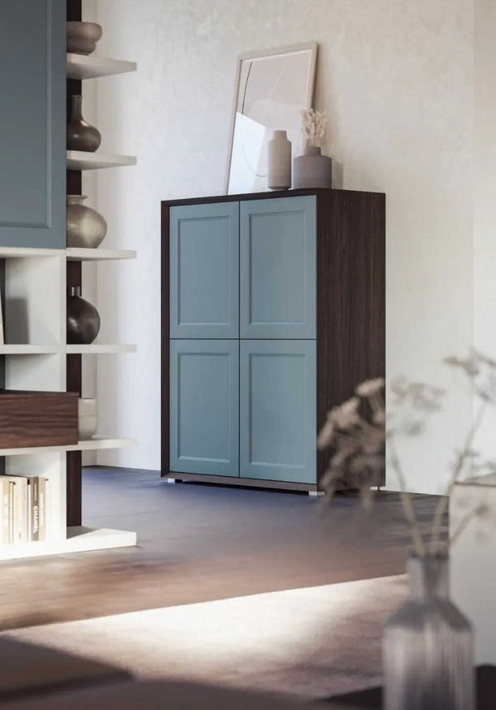 Credenza moderna verde Bristol e Teak 4 ante senza maniglia linea Tilt CLASSIC