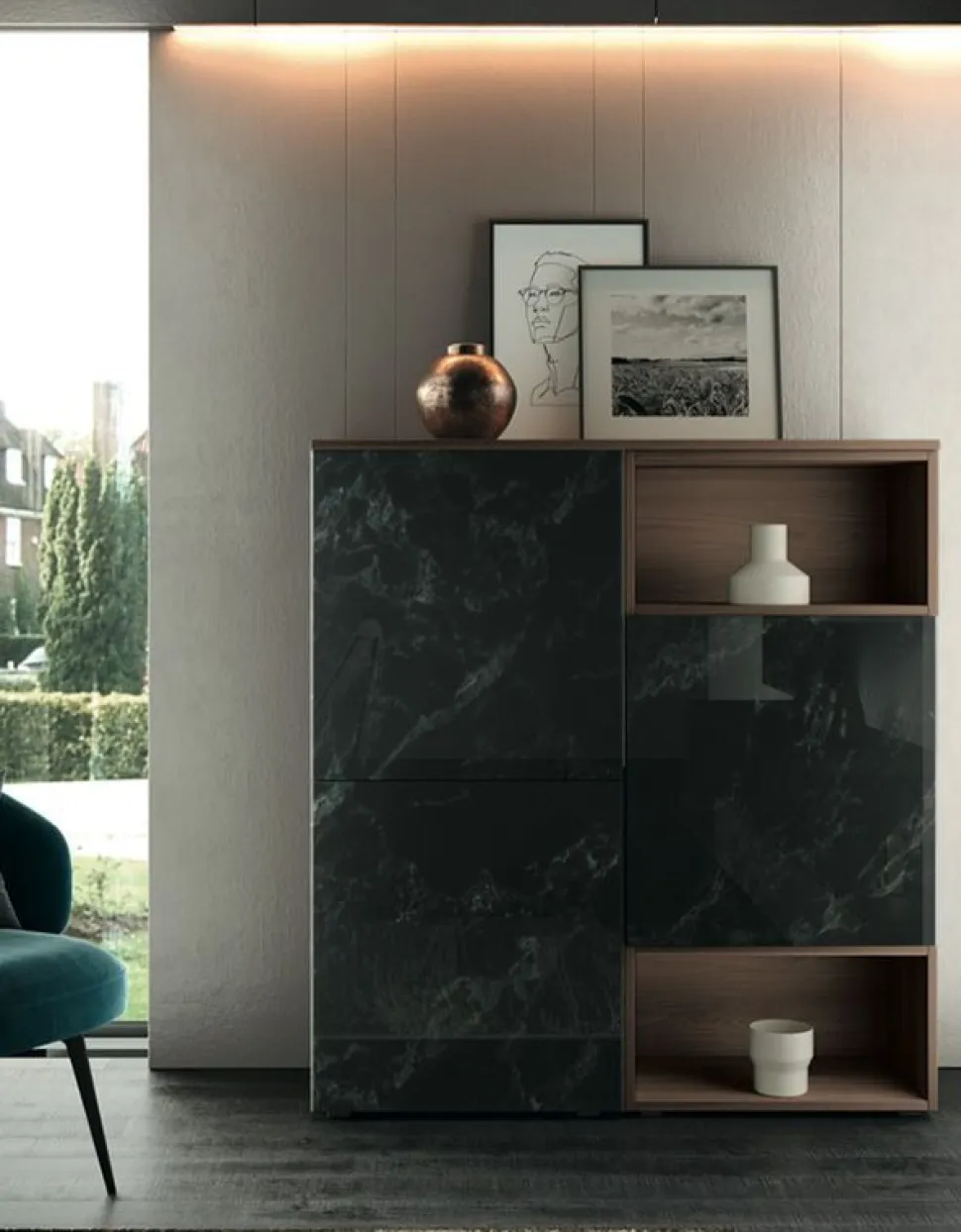 Credenza Olivia linea Alba in finitura Quercia e Marmo Dark
