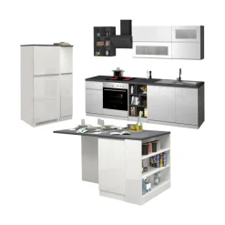 Cucina completa con isola moderna con maniglie a incasso in allumino Patrik in finitura Bianco Lucido e Ardesia
