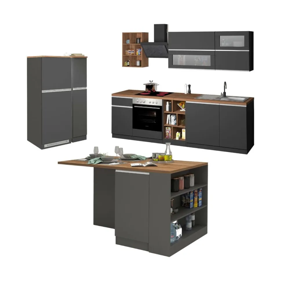 Cucina completa con isola moderna con maniglie a incasso in allumino Patrik in finitura Antracite e Rovere