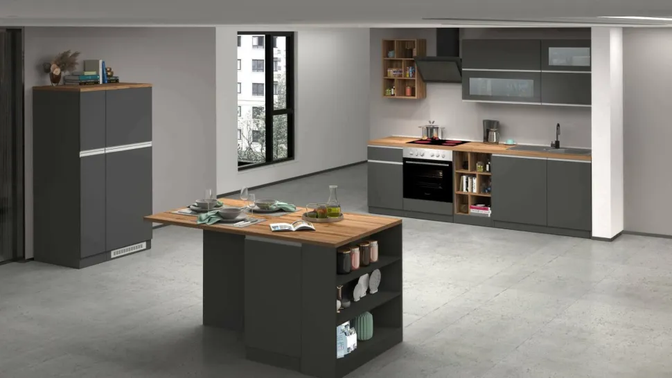 Cucina completa con isola moderna con maniglie a incasso in allumino Patrik in finitura Antracite e Rovere