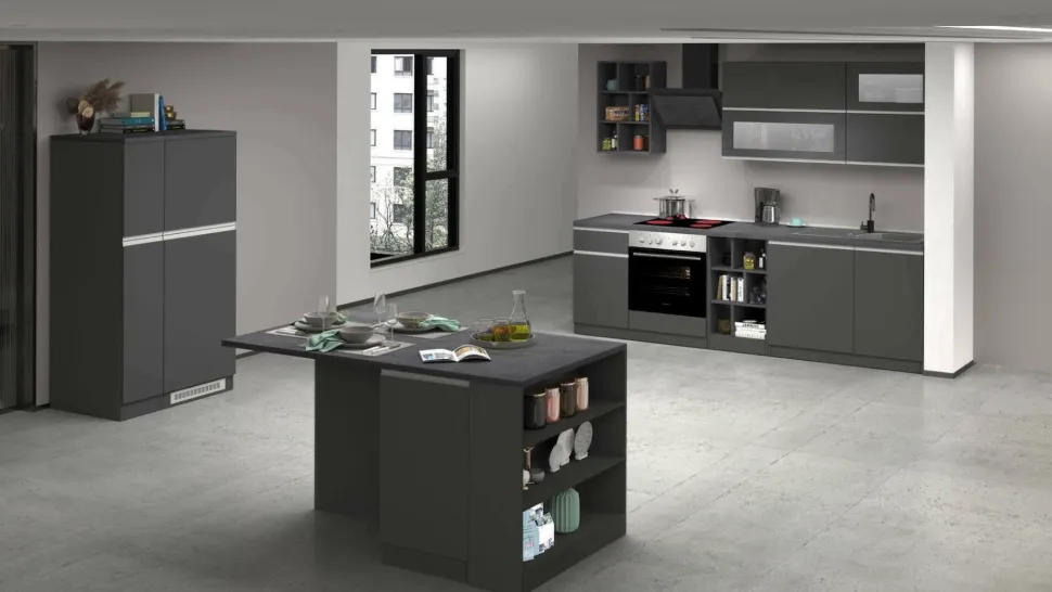 Cucina completa con isola moderna con maniglie a incasso in allumino Patrik in finitura Antracite e Ardesia