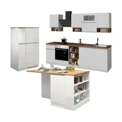 Cucina completa con isola moderna con maniglie a incasso in allumino Teodora in finitura Bianco Lucido e Rovere
