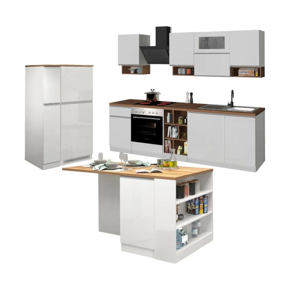 Cucina completa con isola moderna con maniglie a incasso in allumino Teodora in finitura Bianco Lucido e Rovere
