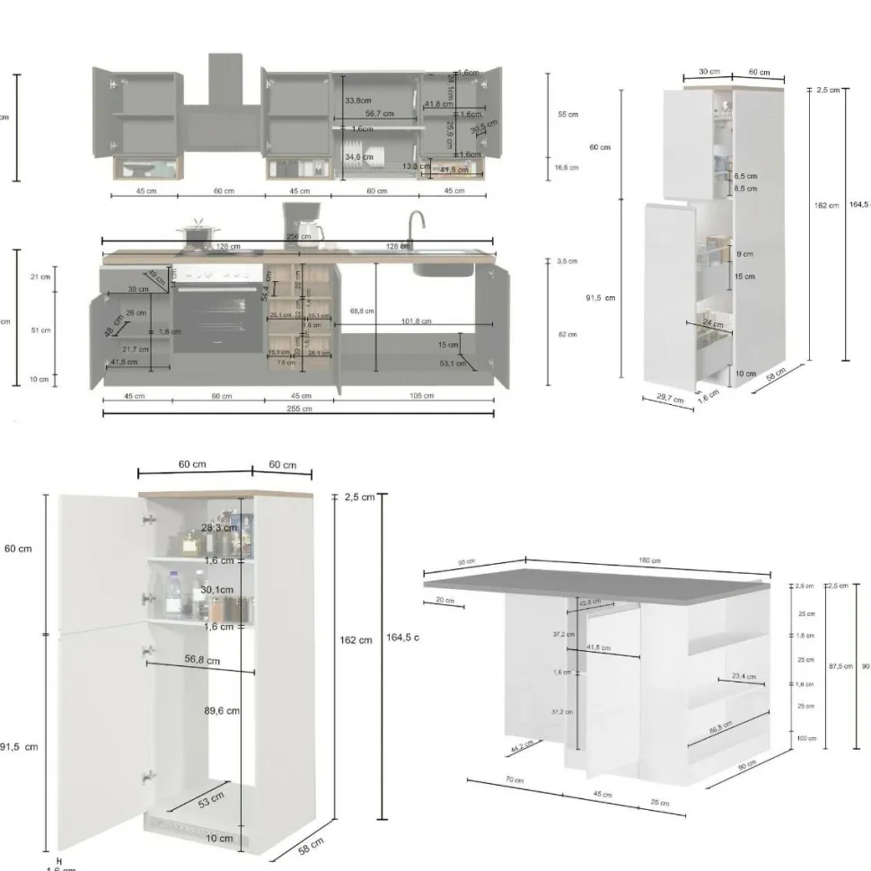 Cucina completa con isola moderna con maniglie a incasso in allumino Teodora in finitura Bianco Lucido e Rovere