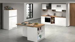 Cucina completa con isola moderna con maniglie a incasso in allumino Teodora in finitura Bianco Lucido e Rovere