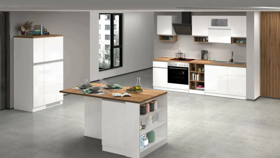 Cucina completa con isola moderna con maniglie a incasso in allumino Teodora in finitura Bianco Lucido e Rovere