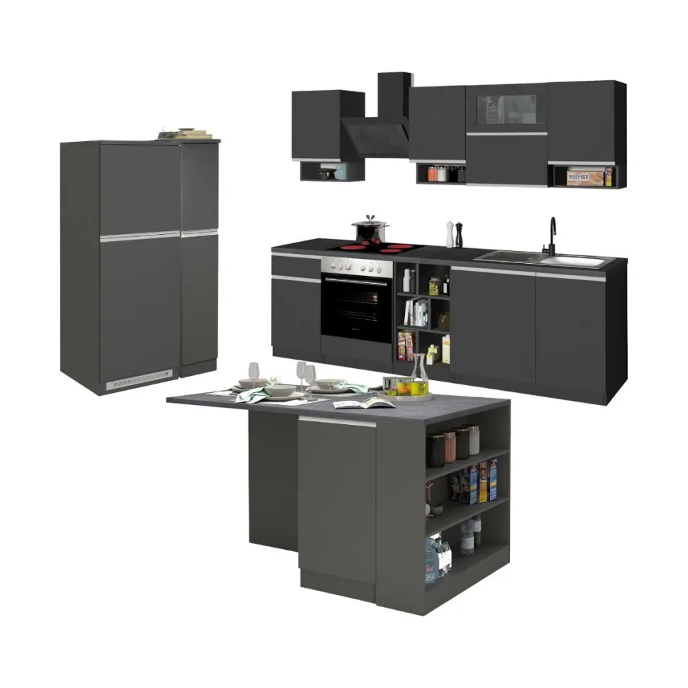 Cucina completa con isola moderna con maniglie a incasso in allumino Teodora in finitura Antracite e Ardesia