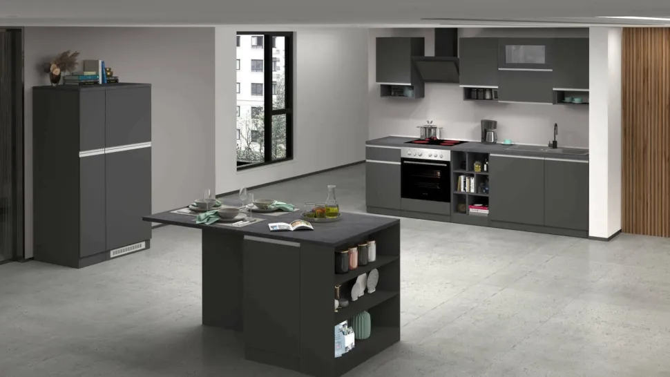 Cucina completa con isola moderna con maniglie a incasso in allumino Teodora in finitura Antracite e Ardesia