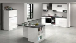 Cucina completa con isola moderna con maniglie a incasso in allumino Teodora in finitura Bianco Lucido e Ardesia