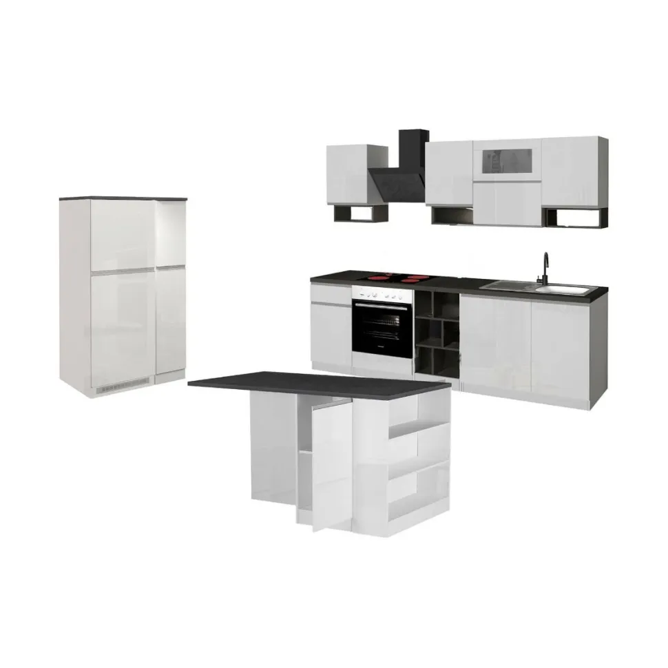 Cucina completa con isola moderna con maniglie a incasso in allumino Teodora in finitura Bianco Lucido e Ardesia