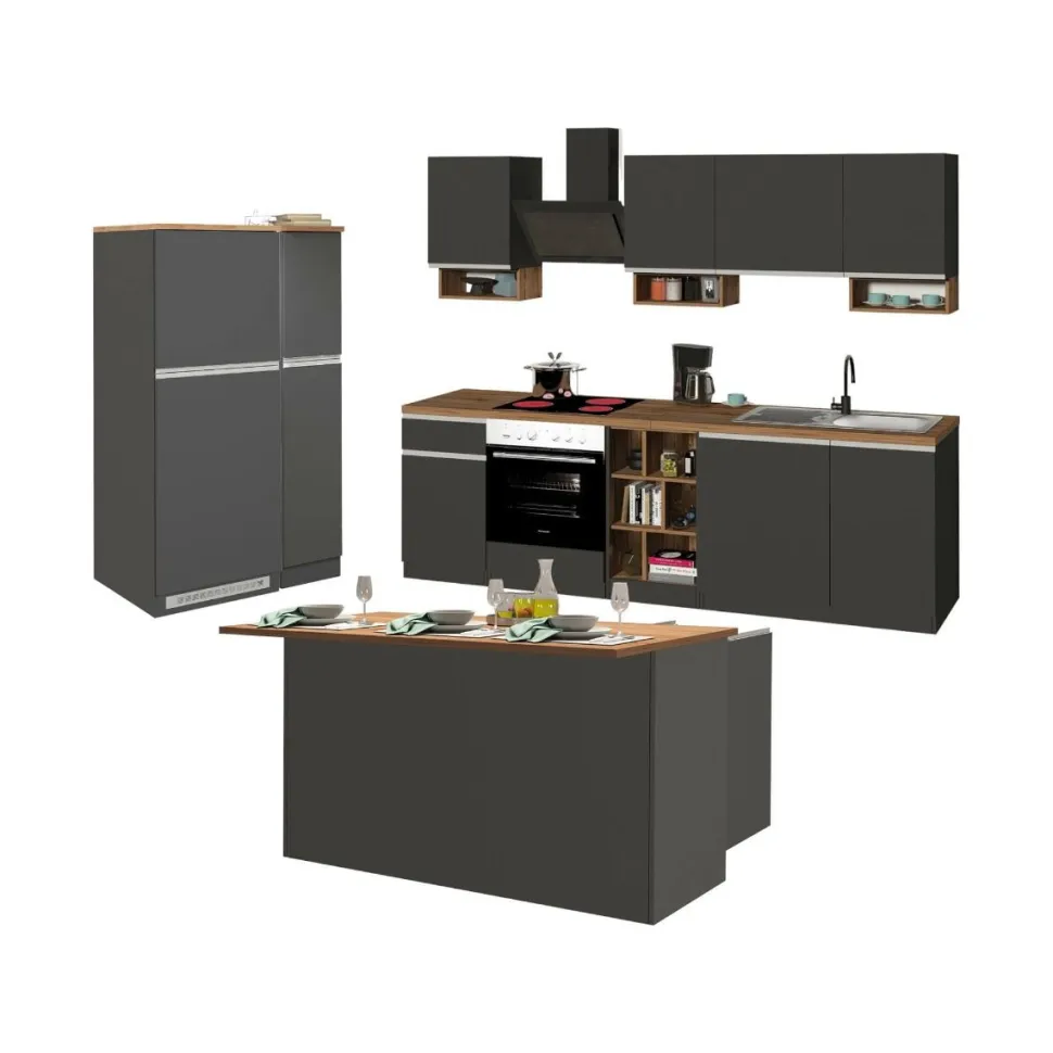 Cucina completa con isola moderna con maniglie a incasso in allumino Selene in finitura Antracite Opaco e Rovere