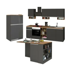 Cucina completa con isola moderna con maniglie a incasso in allumino Tina in finitura Antracite Opaco e Rovere