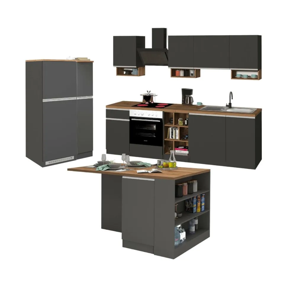 Cucina completa con isola moderna con maniglie a incasso in allumino Tina in finitura Antracite Opaco e Rovere
