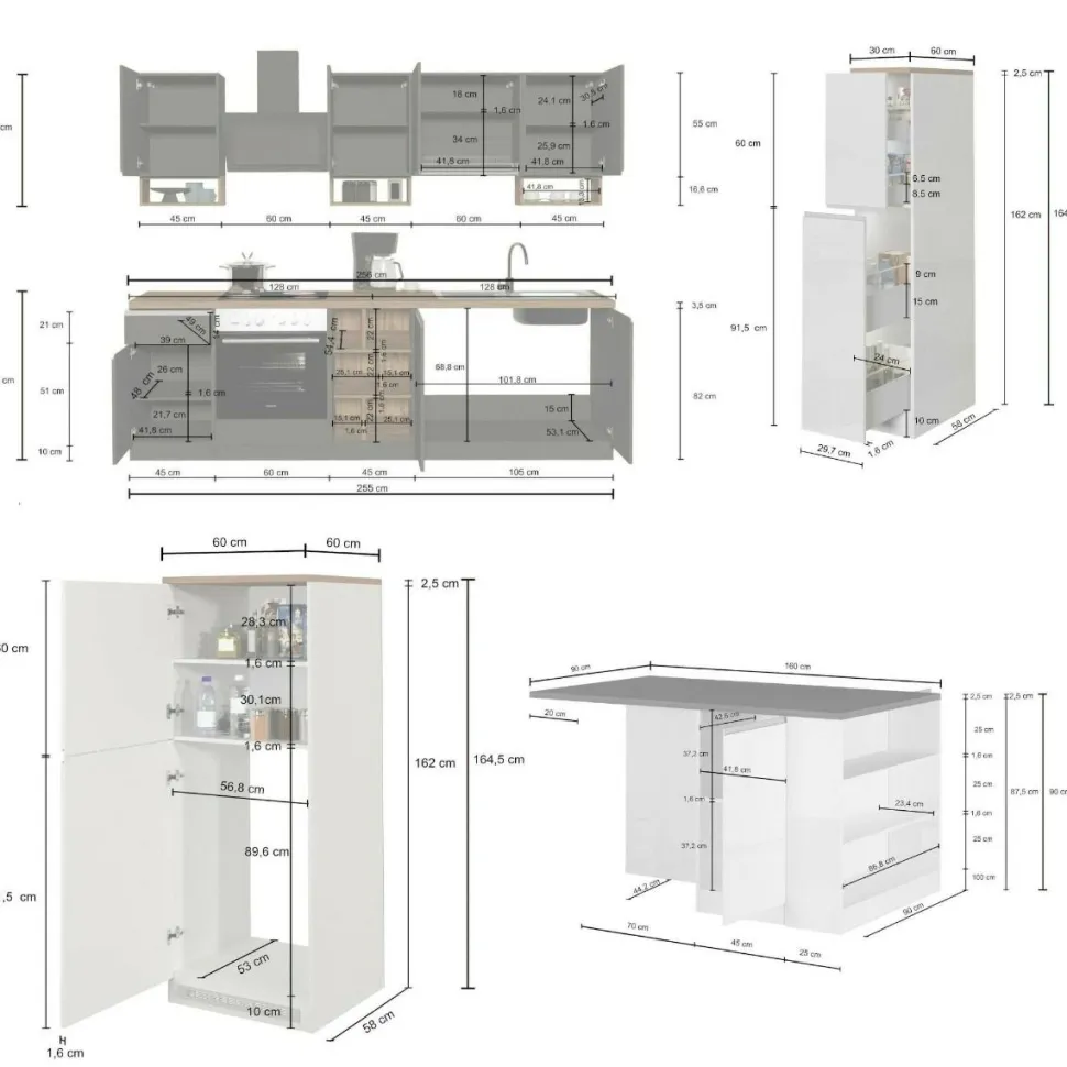 Cucina completa con isola moderna con maniglie a incasso in allumino Tina in finitura Antracite Opaco e Rovere