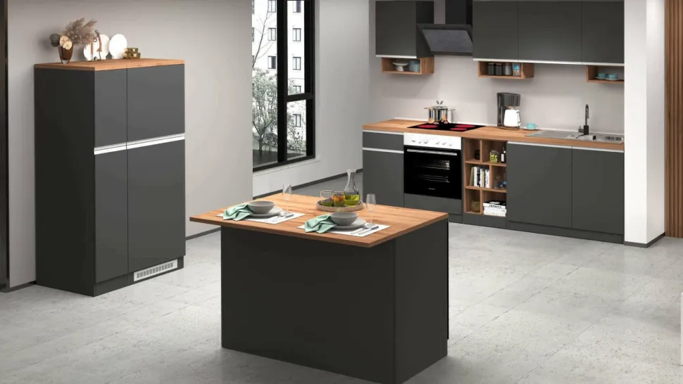 Cucina completa con isola moderna con maniglie a incasso in allumino Irene in finitura Antracite Opaco e Rovere