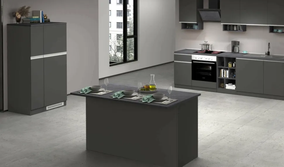 Cucina completa con isola moderna con maniglie a incasso in allumino Selene in finitura Antracite Opaco e Ardesia