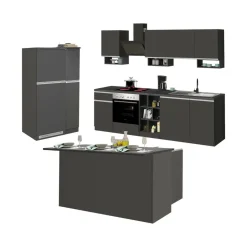 Cucina completa con isola moderna con maniglie a incasso in allumino Selene in finitura Antracite Opaco e Ardesia
