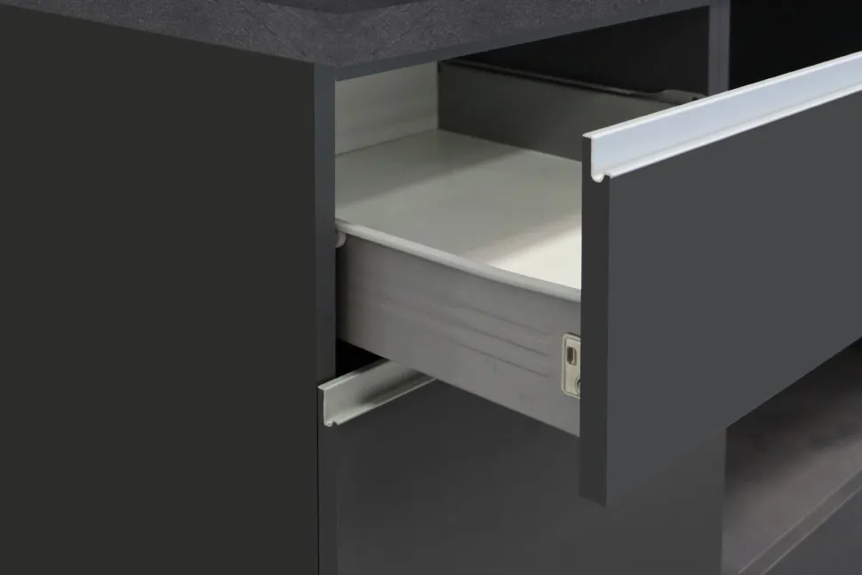 Cucina completa con isola moderna con maniglie a incasso in allumino Tina in finitura Antracite Opaco e Ardesia