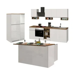 Cucina completa con isola moderna con maniglie a incasso in allumino Selene in finitura Bianco Lucido e Rovere