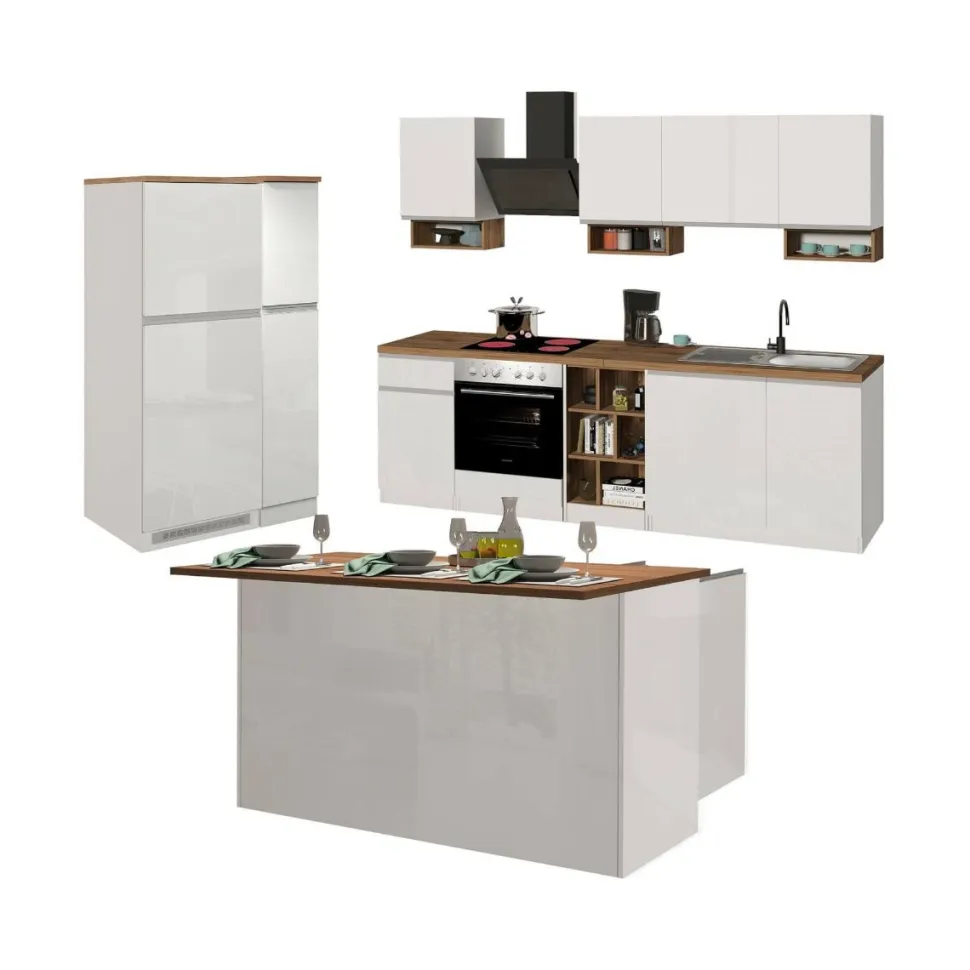 Cucina completa con isola moderna con maniglie a incasso in allumino Selene in finitura Bianco Lucido e Rovere