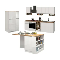Cucina completa con isola moderna con maniglie a incasso in allumino Tina in finitura Bianco Lucido e Rovere