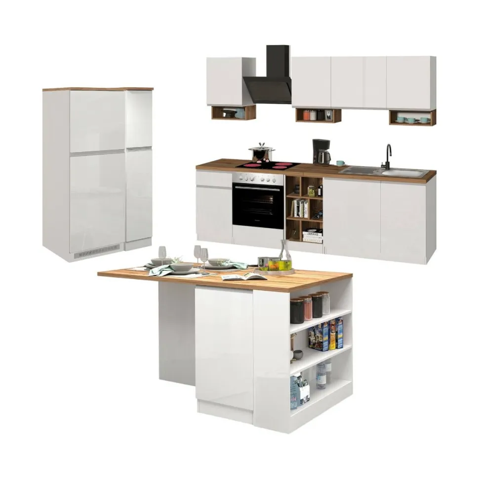 Cucina completa con isola moderna con maniglie a incasso in allumino Tina in finitura Bianco Lucido e Rovere