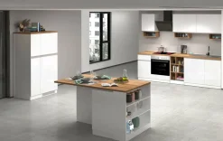 Cucina completa con isola moderna con maniglie a incasso in allumino Tina in finitura Bianco Lucido e Rovere