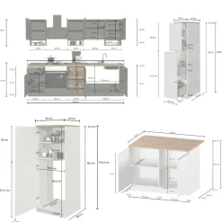 Cucina completa con isola moderna con maniglie a incasso in allumino Irene in finitura Bianco Lucido e Rovere