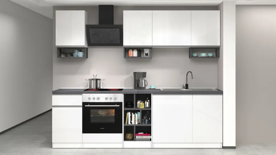 Cucina lineare moderna con maniglie a incasso in allumino Zenit in finitura Bianco Lucido e Ardesia