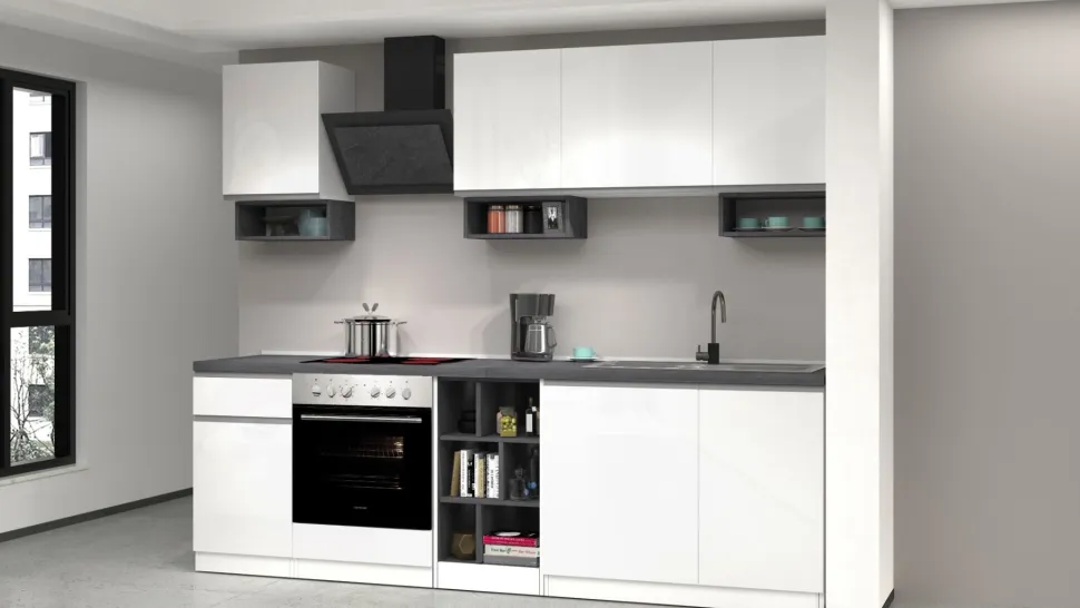 Cucina lineare moderna con maniglie a incasso in allumino Zenit in finitura Bianco Lucido e Ardesia