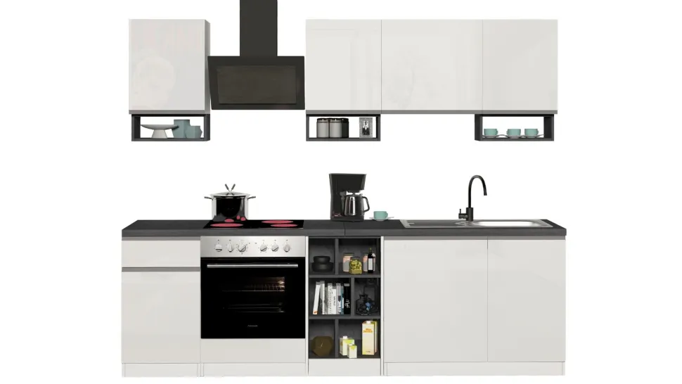 Cucina lineare moderna con maniglie a incasso in allumino Zenit in finitura Bianco Lucido e Ardesia