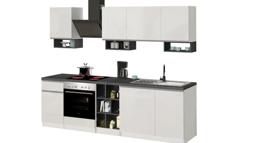 Cucina lineare moderna con maniglie a incasso in allumino Zenit in finitura Bianco Lucido e Ardesia