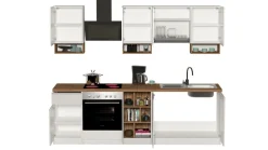 Cucina lineare moderna con maniglie a incasso in allumino Zenit in finitura Bianco Lucido e Rovere