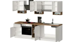 Cucina lineare moderna con maniglie a incasso in allumino Zenit in finitura Bianco Lucido e Rovere