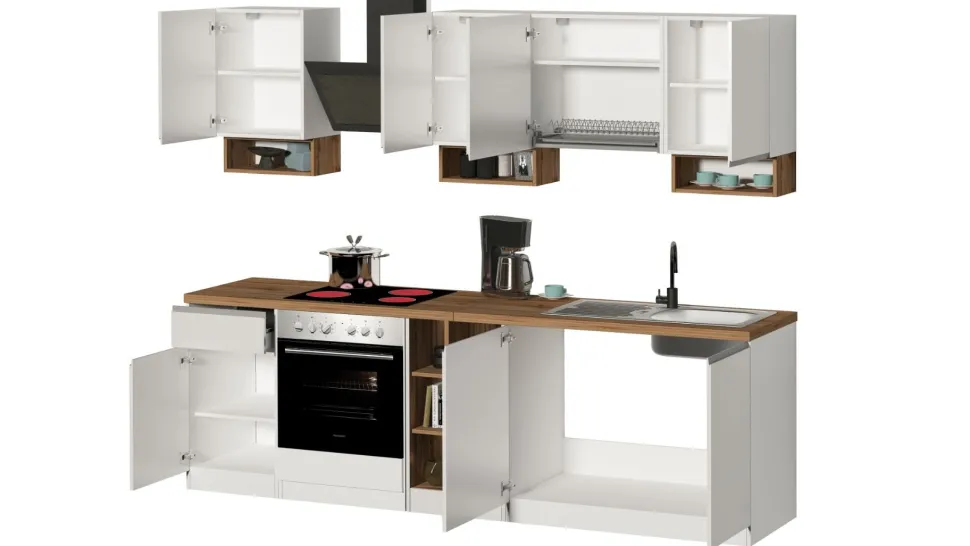 Cucina lineare moderna con maniglie a incasso in allumino Zenit in finitura Bianco Lucido e Rovere