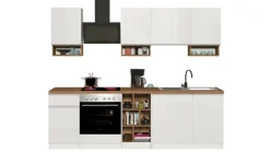 Cucina lineare moderna con maniglie a incasso in allumino Zenit in finitura Bianco Lucido e Rovere