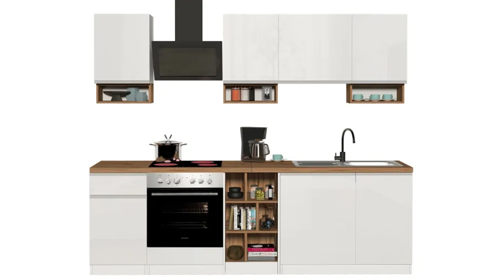 Cucina lineare moderna con maniglie a incasso in allumino Zenit in finitura Bianco Lucido e Rovere