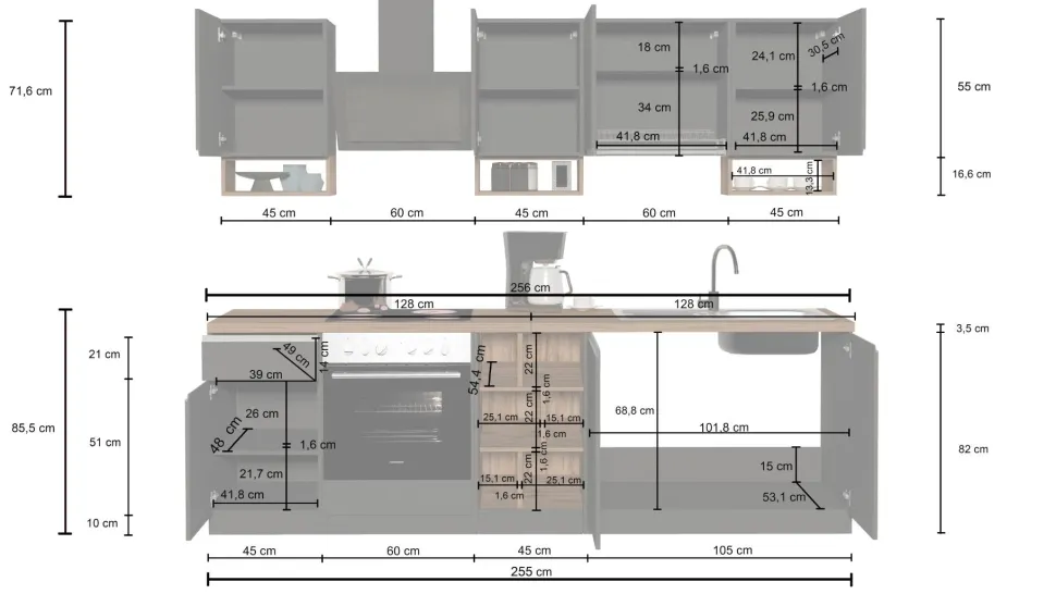 Cucina lineare moderna con maniglie a incasso in allumino Zenit in finitura Bianco Lucido e Rovere