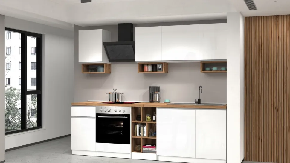 Cucina lineare moderna con maniglie a incasso in allumino Zenit in finitura Bianco Lucido e Rovere